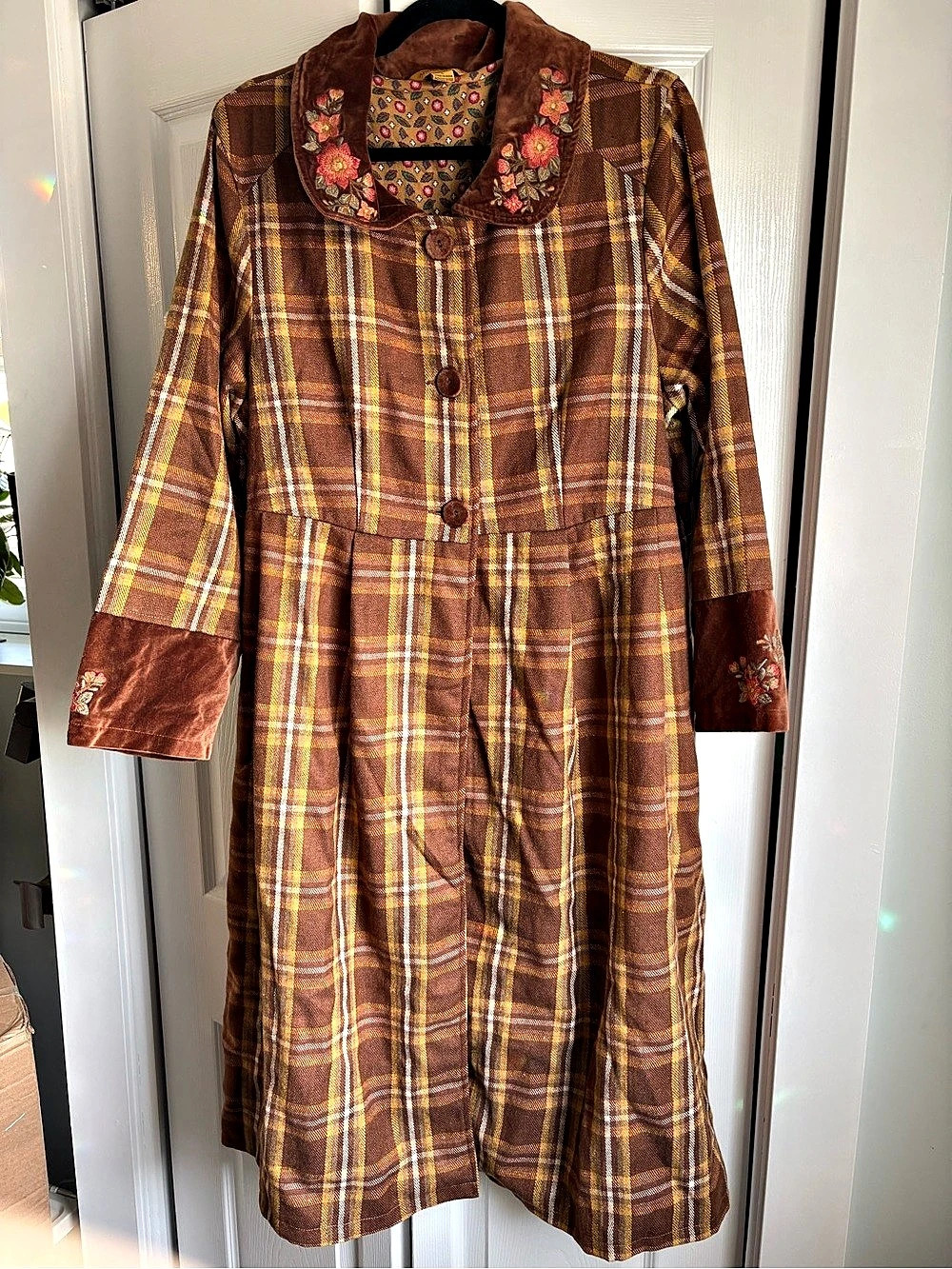 April Cornell Eloise Dickens Plaid Coat Floral Embroidered Velvet